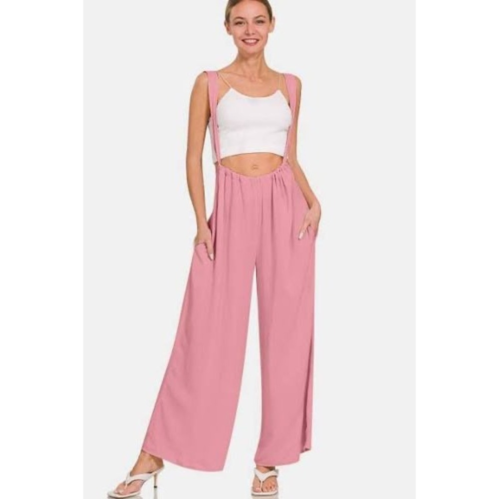 Womens Pink Wide Leg Jumpsuit Suspender Tie‎ Waist Palazzo Pants